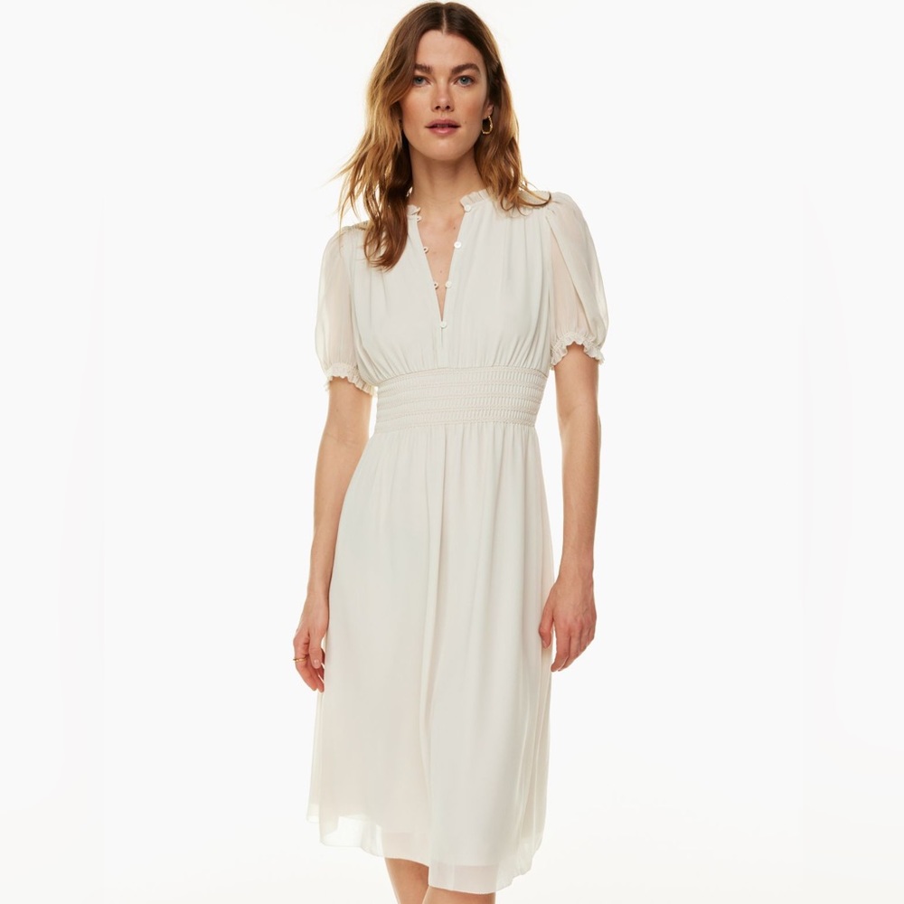 Elegant Cream Midi Dress with Smocked Waist